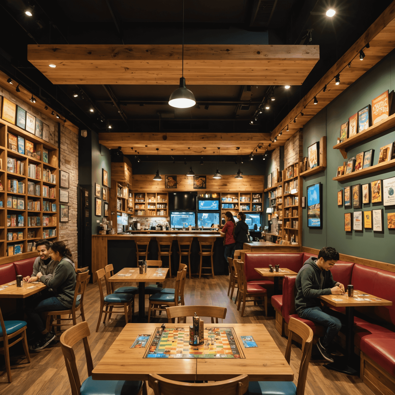 A cozy interior of Tabletopsa board game cafe, featuring warm wooden tables, comfortable seating, and shelves filled with colorful board games. Soft, warm lighting illuminates happy patrons engaged in gameplay.
