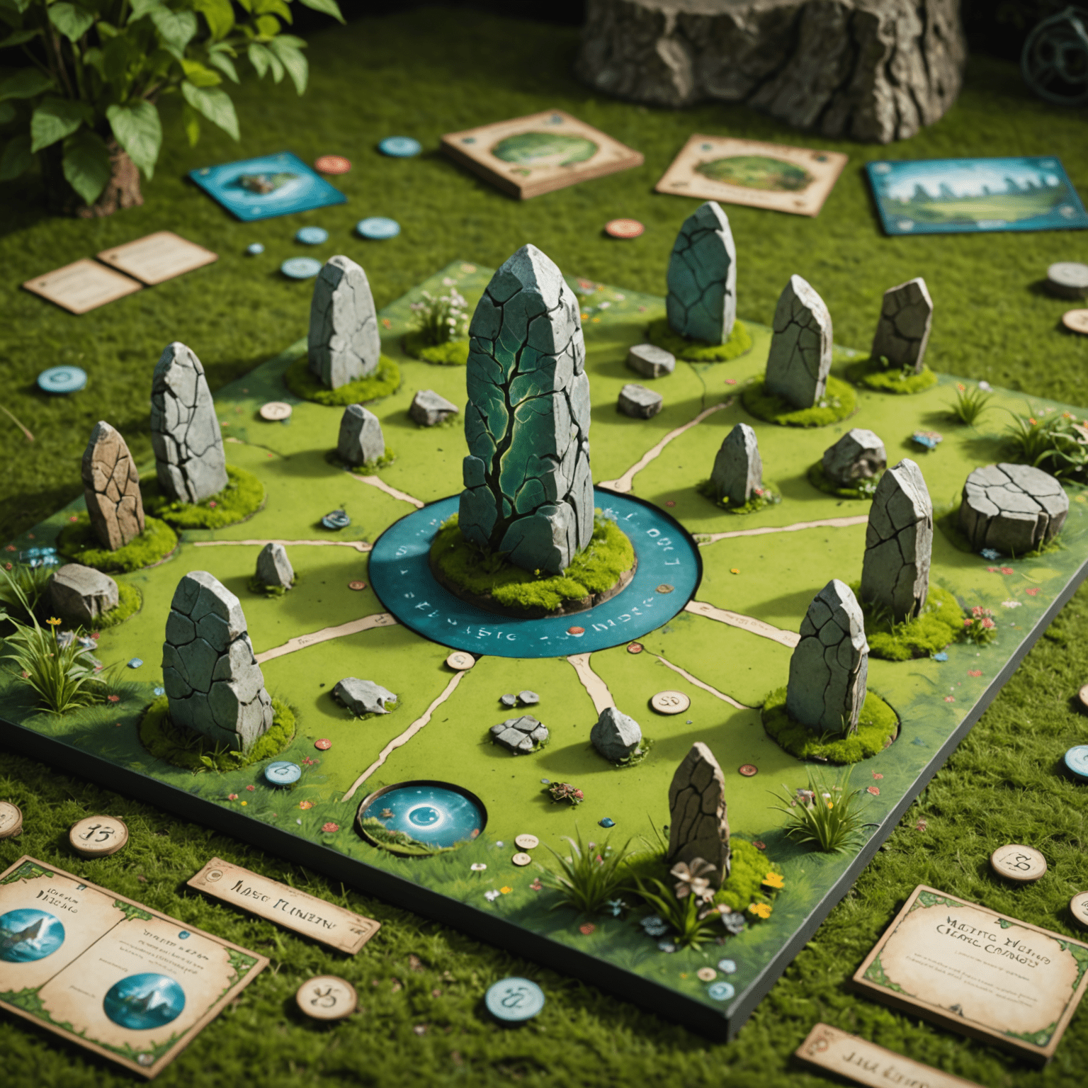 Mystic Meadows board game box featuring a lush meadow with mysterious standing stones and time-traveling characters
