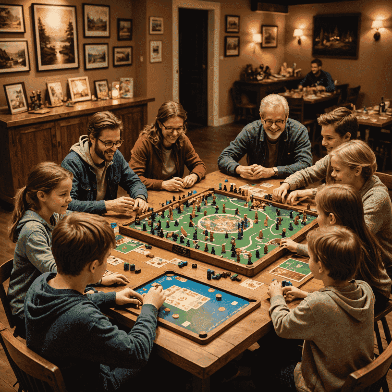 A large table set up with various board games, surrounded by excited players of all ages. The atmosphere is warm and inviting, with soft lighting and wooden decor.