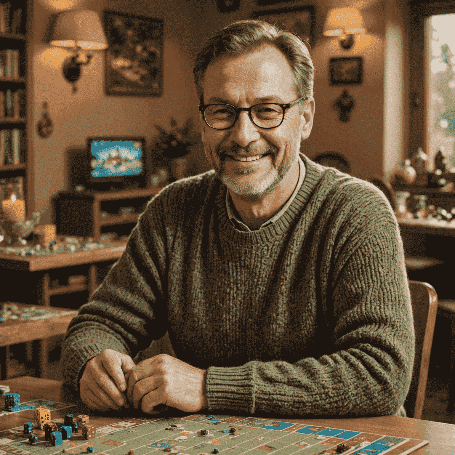 Uwe Rosenberg, a middle-aged man with glasses and a friendly smile, sitting at a table covered with board game components. He's wearing a comfortable sweater in earthy tones, perfectly matching the warm ambiance of a cozy game room.