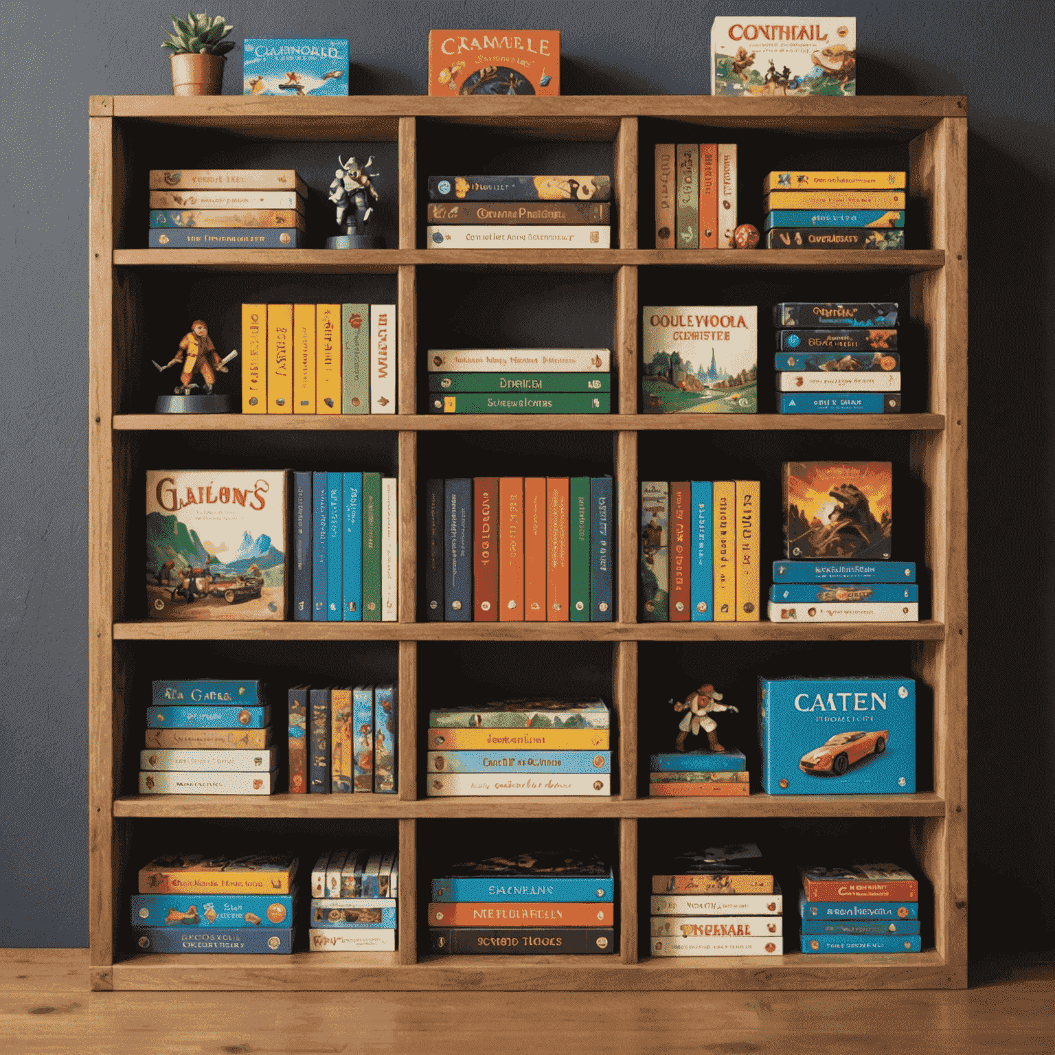 A diverse collection of board games neatly arranged on wooden shelves, showcasing classic titles and new releases