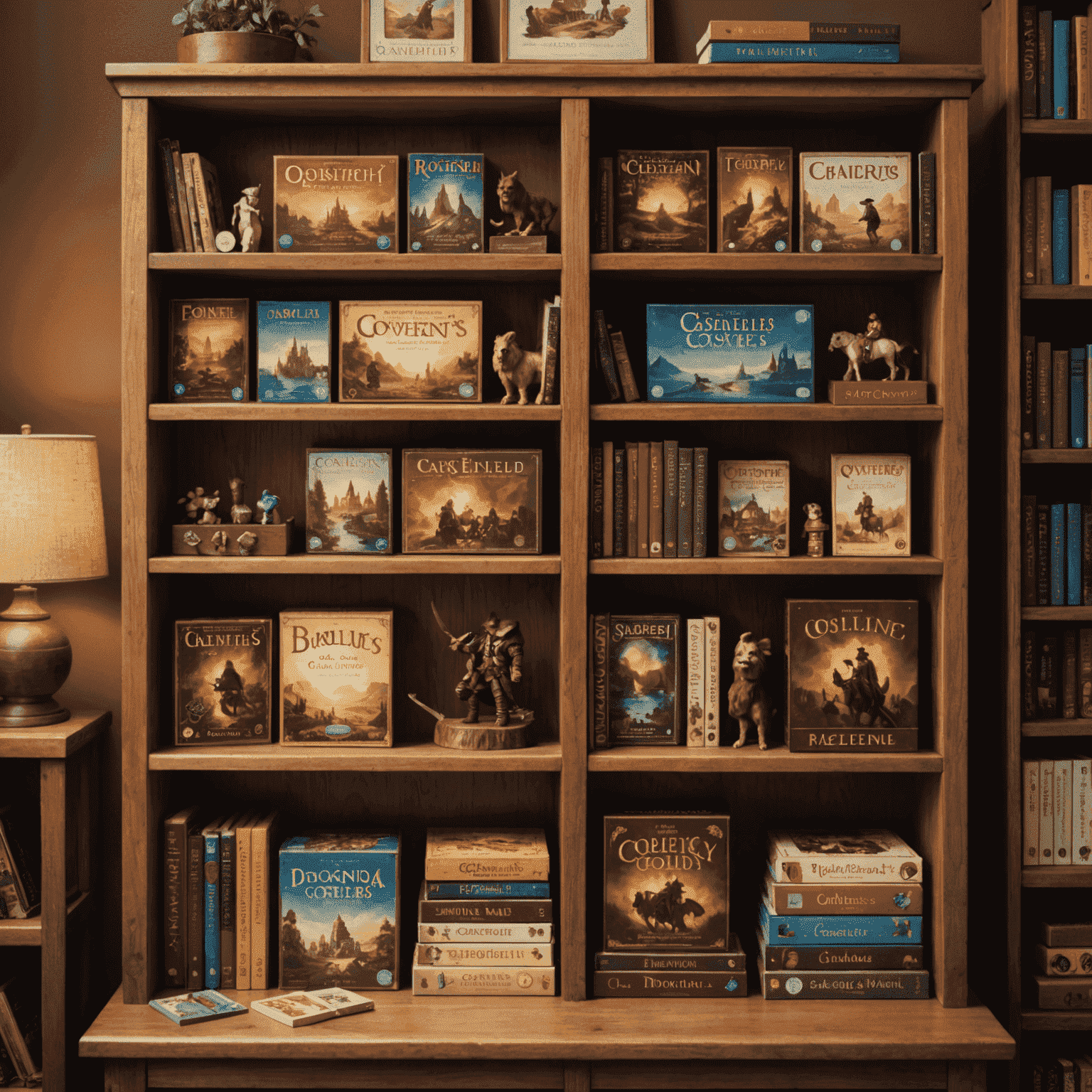 A diverse collection of board games neatly arranged on wooden shelves, showcasing classic titles and new releases. The image captures the warm, inviting atmosphere of our game library with soft lighting and rich, earthy tones.