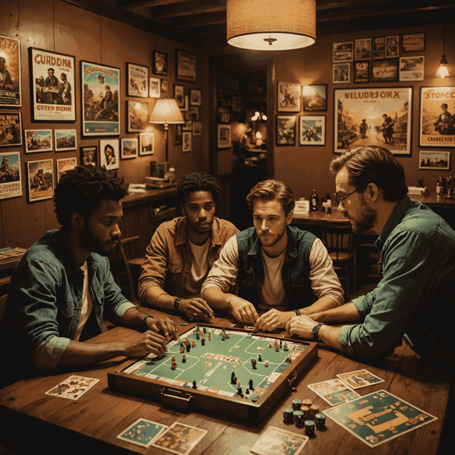 A group of diverse people gathered around a large wooden table, playing various board games. The room is warmly lit with soft ambient lighting, and the walls are adorned with vintage game posters.