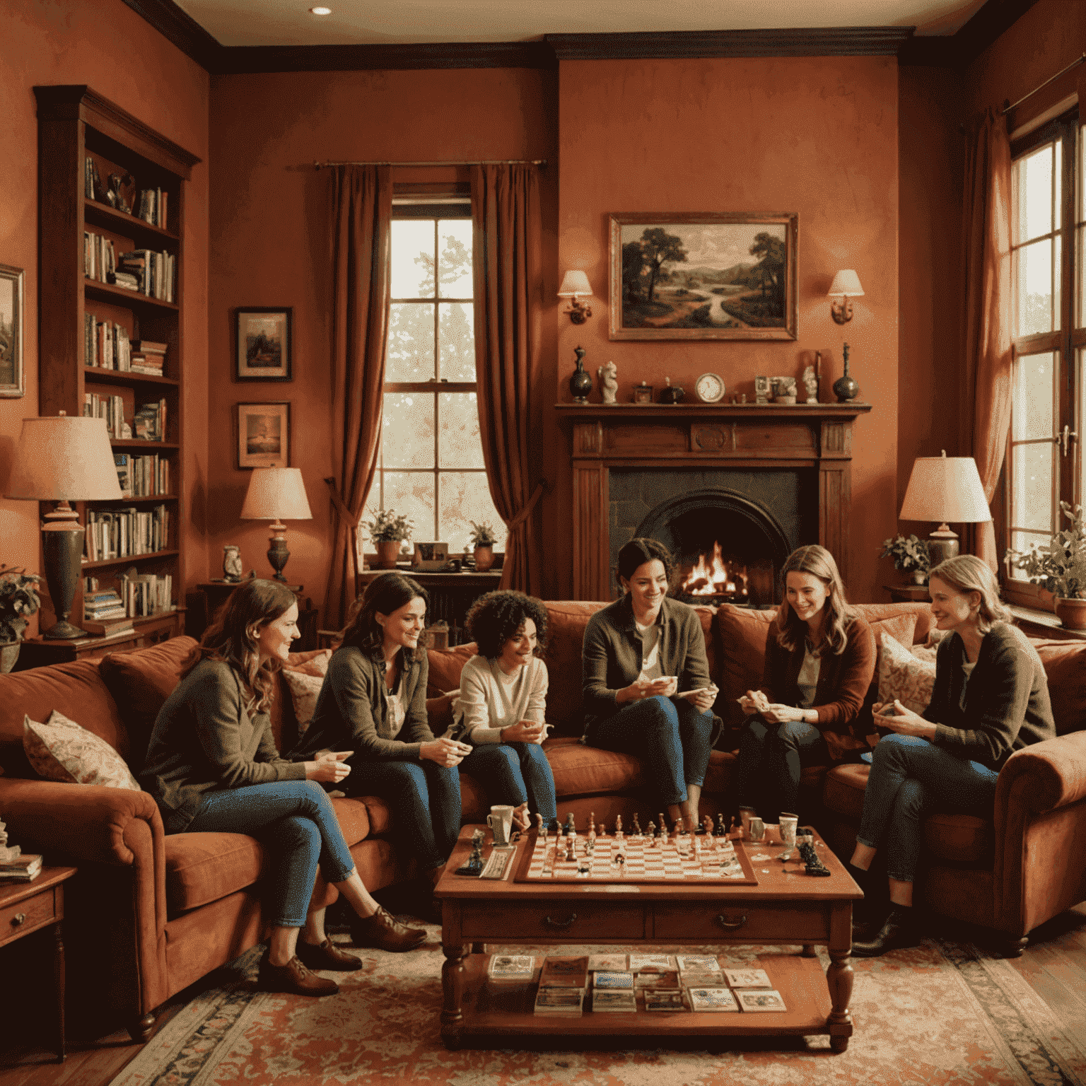 A cozy living room with a family gathered around a coffee table, playing a board game. The room features warm, earthy tones with terracotta walls, olive green curtains, and a plush burgundy sofa. A vintage wooden bookshelf filled with board games is visible in the background.