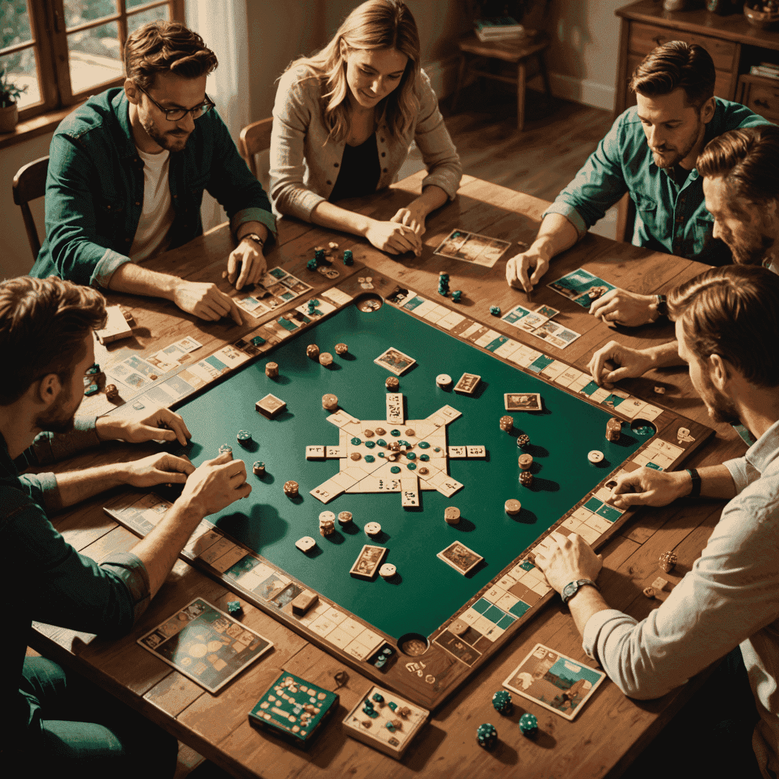 A group of people gathered around a large table, engrossed in learning a new board game. The scene is warm and inviting, with soft lighting and wooden game pieces scattered across the table.