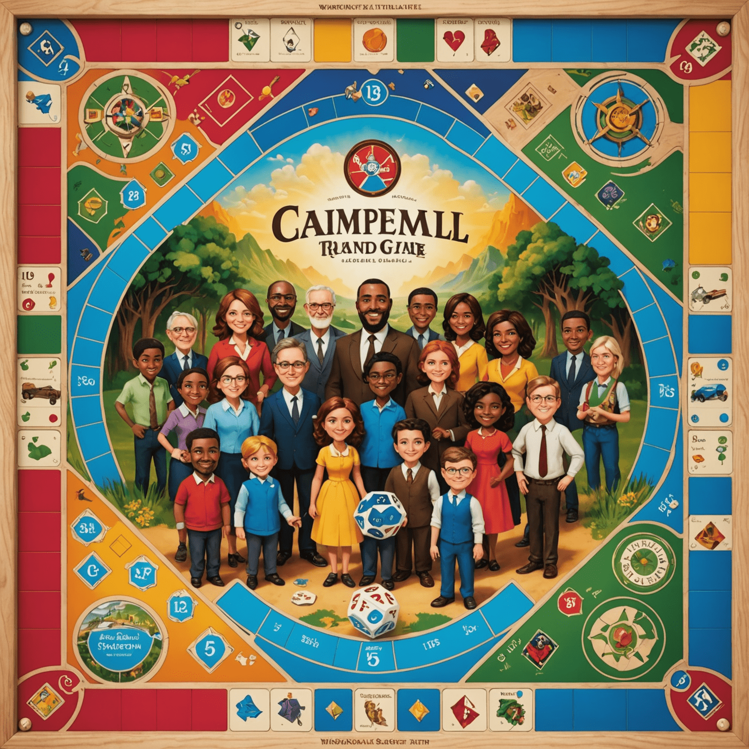 A group of people gathered around a custom-designed board game, featuring personalized elements and vibrant colors. The game board showcases a unique layout with company logos and special occasion themes.