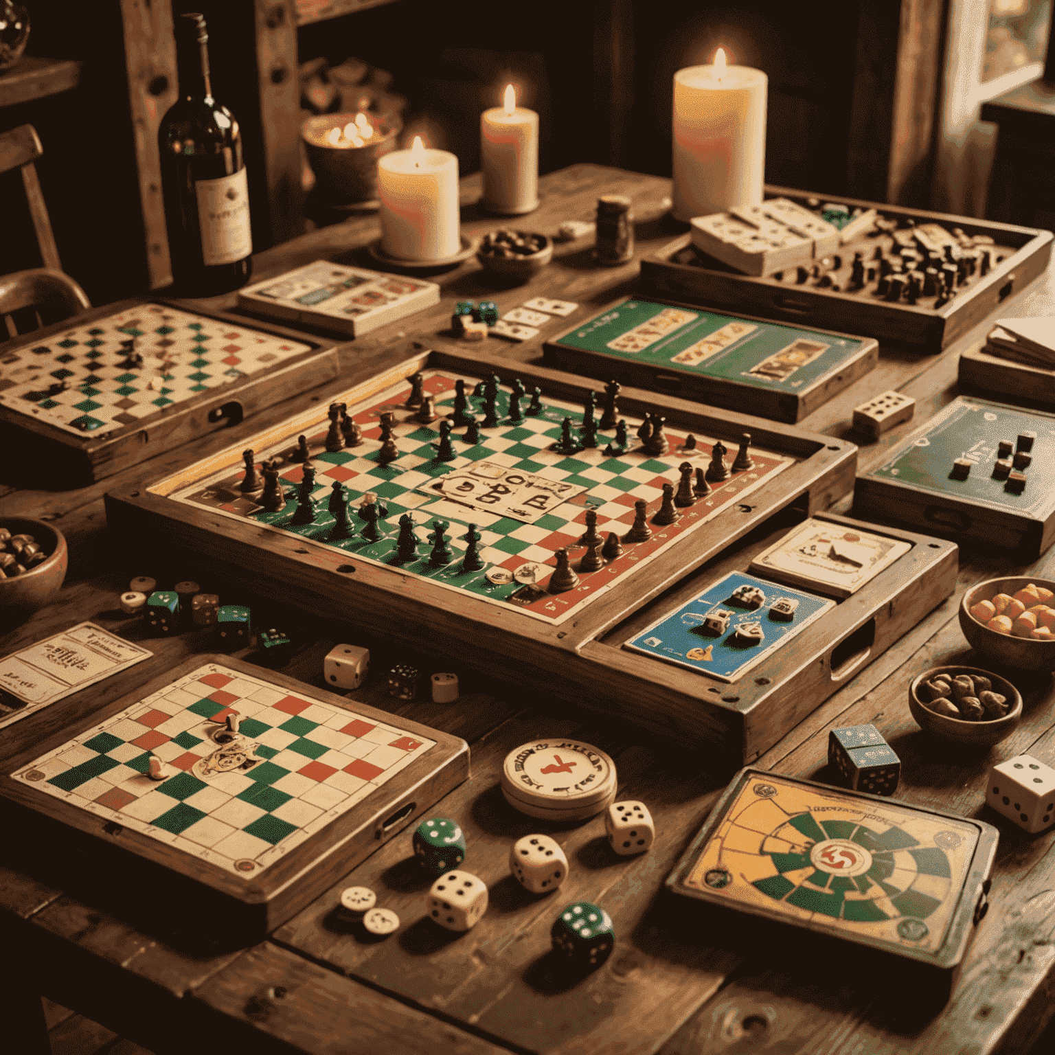 A collection of new board games displayed on a rustic wooden table, with warm lighting and Italian-inspired decor in the background