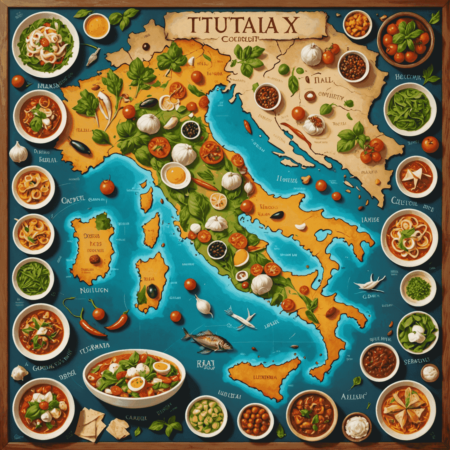 Culinary Conquest game board depicting a map of Italy with various regional dishes and ingredient cards