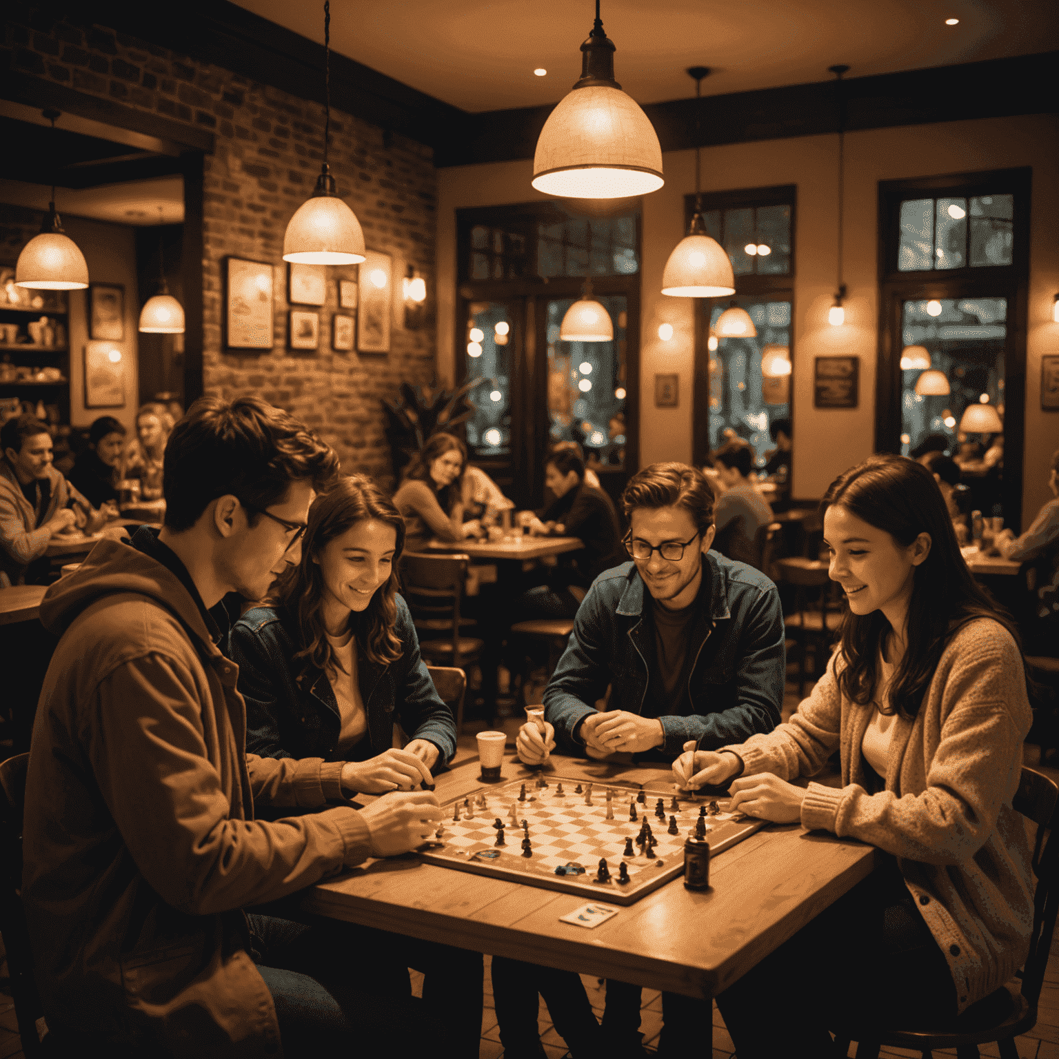 A cozy cafe setting with small groups of people playing board games. The scene is illuminated by warm, ambient lighting, creating a welcoming atmosphere.