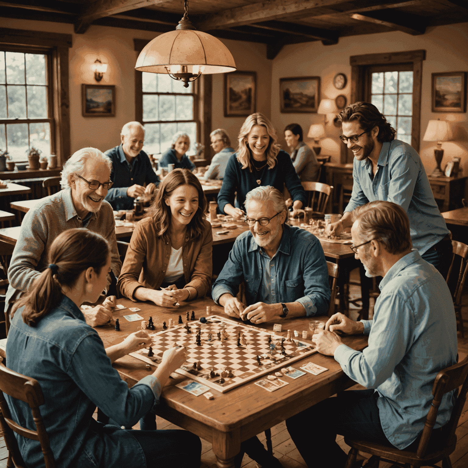 A lively scene of people gathered around tables, playing board games with enthusiasm in a warm, inviting atmosphere