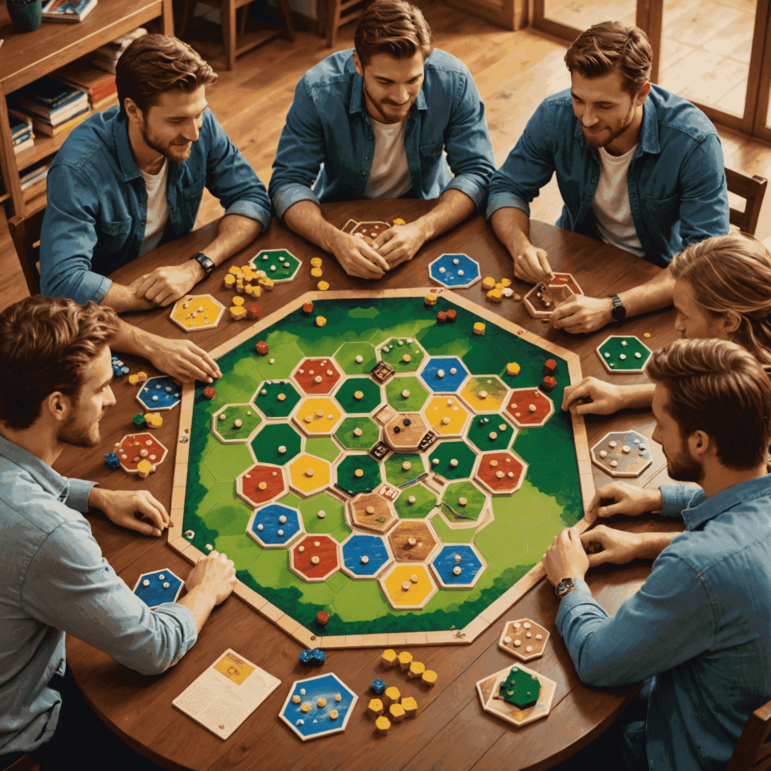 A group of friends gathered around a table, engrossed in playing 'Catan'. The image showcases the game's iconic hexagonal tiles, wooden pieces, and the warm, inviting atmosphere of our game library.