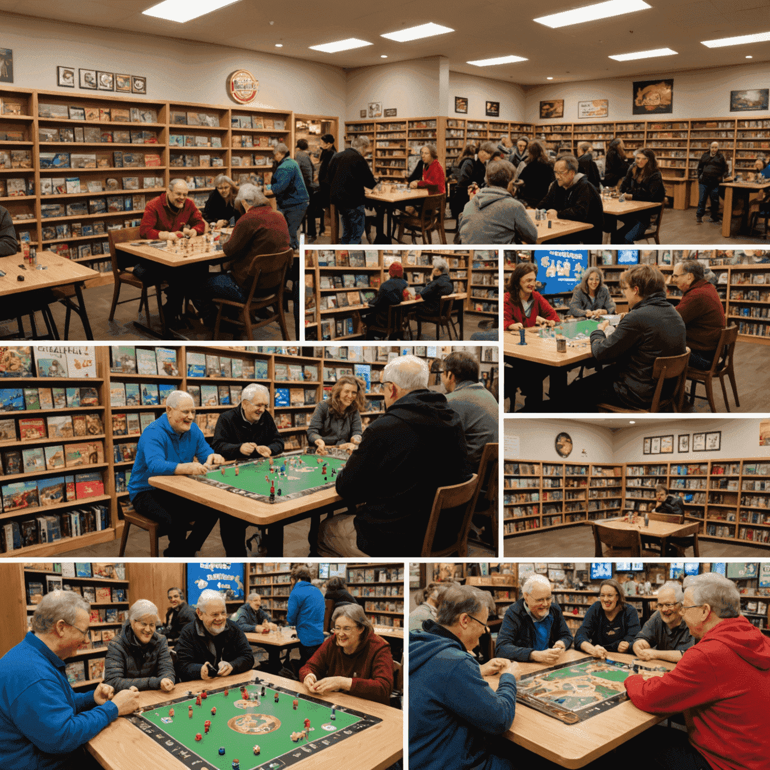 A collage of images showing various board game nights at Tabletopsa. The images depict people of different ages enjoying games, laughing, and engaging in friendly competition. The store's warm, inviting interior with its wooden shelves full of games is visible in the background.