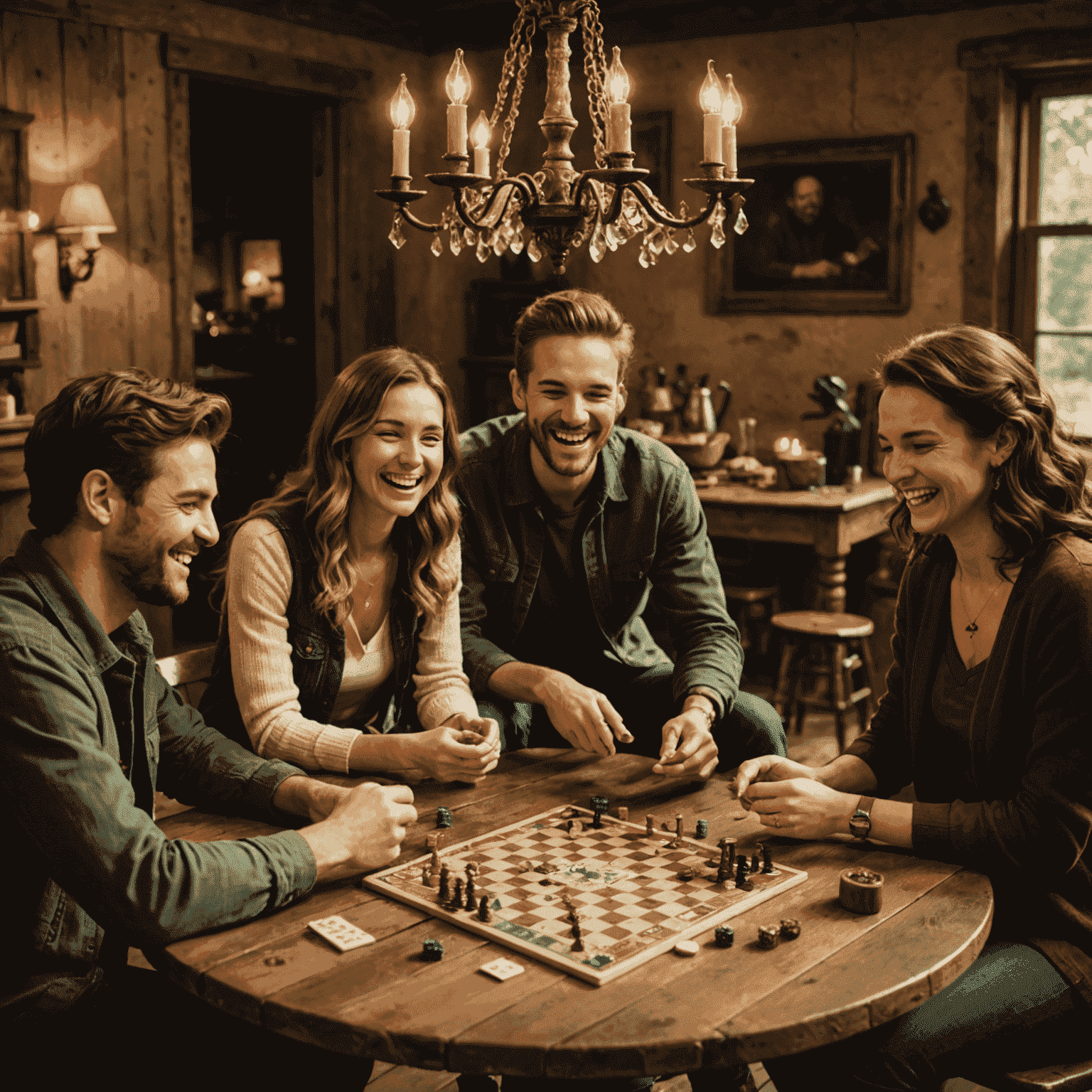 A group of friends laughing and playing a board game on a rustic wooden table. The scene is set in a warm, inviting room with soft lighting from a vintage chandelier. Olive green and burgundy throw pillows are scattered on nearby chairs.