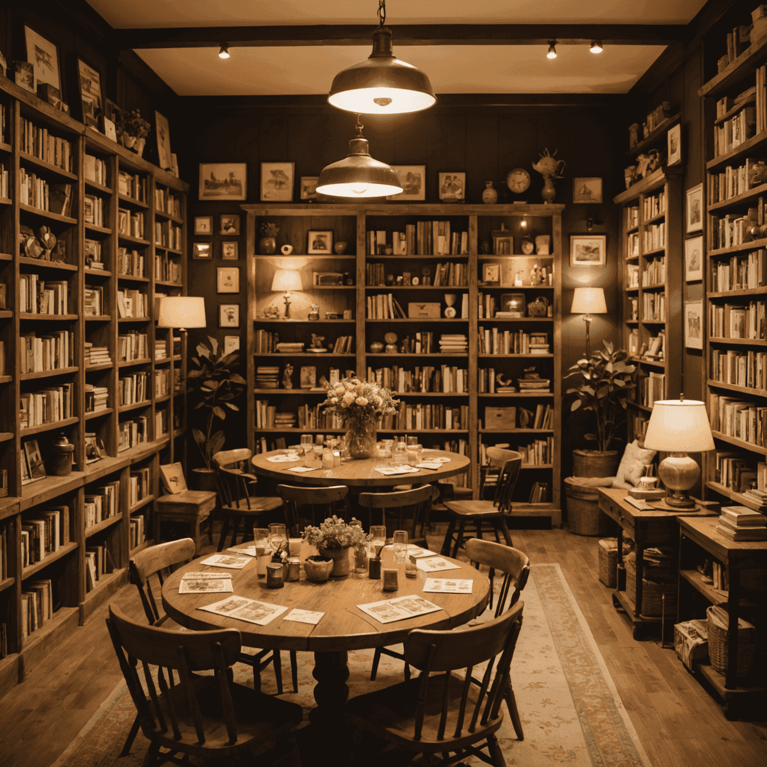 A cozy workshop setting with vintage-inspired decor. Participants are seated at wooden tables with plush chairs, surrounded by bookshelves filled with board games. Soft, warm lighting creates an inviting atmosphere.