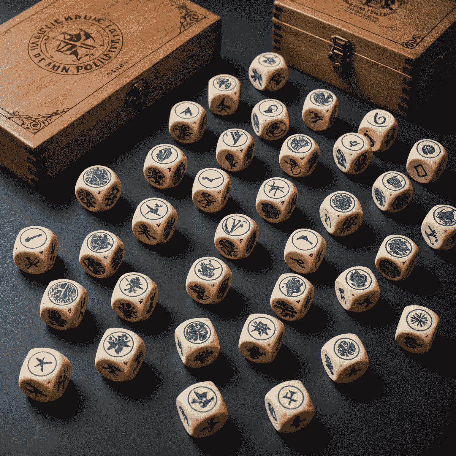 A collection of custom-designed game components including personalized dice, cards with company logos, and uniquely shaped game pieces that reflect various professions or special themes.