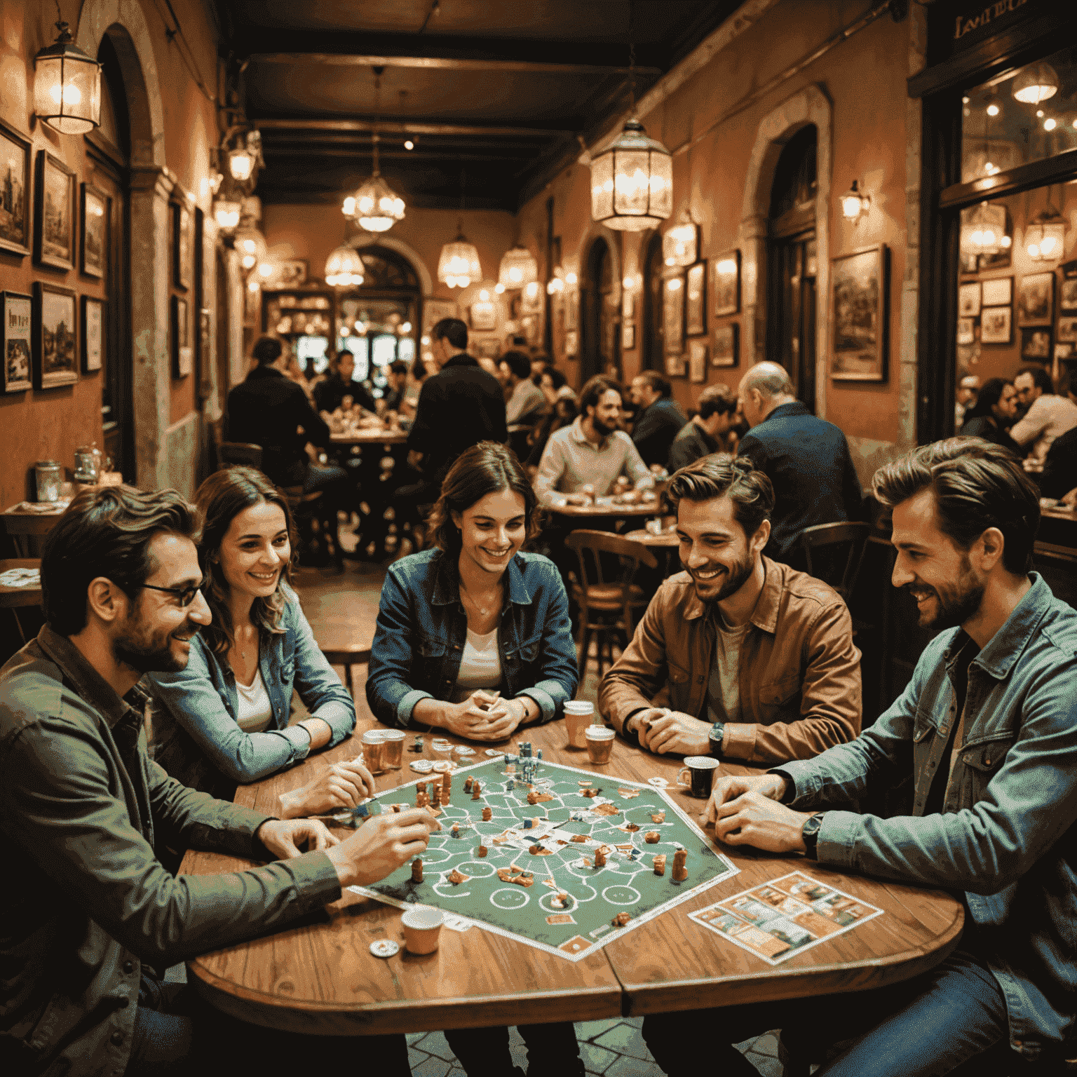 A lively board game event in Milan, showing players gathered around tables in a charming Italian cafe setting