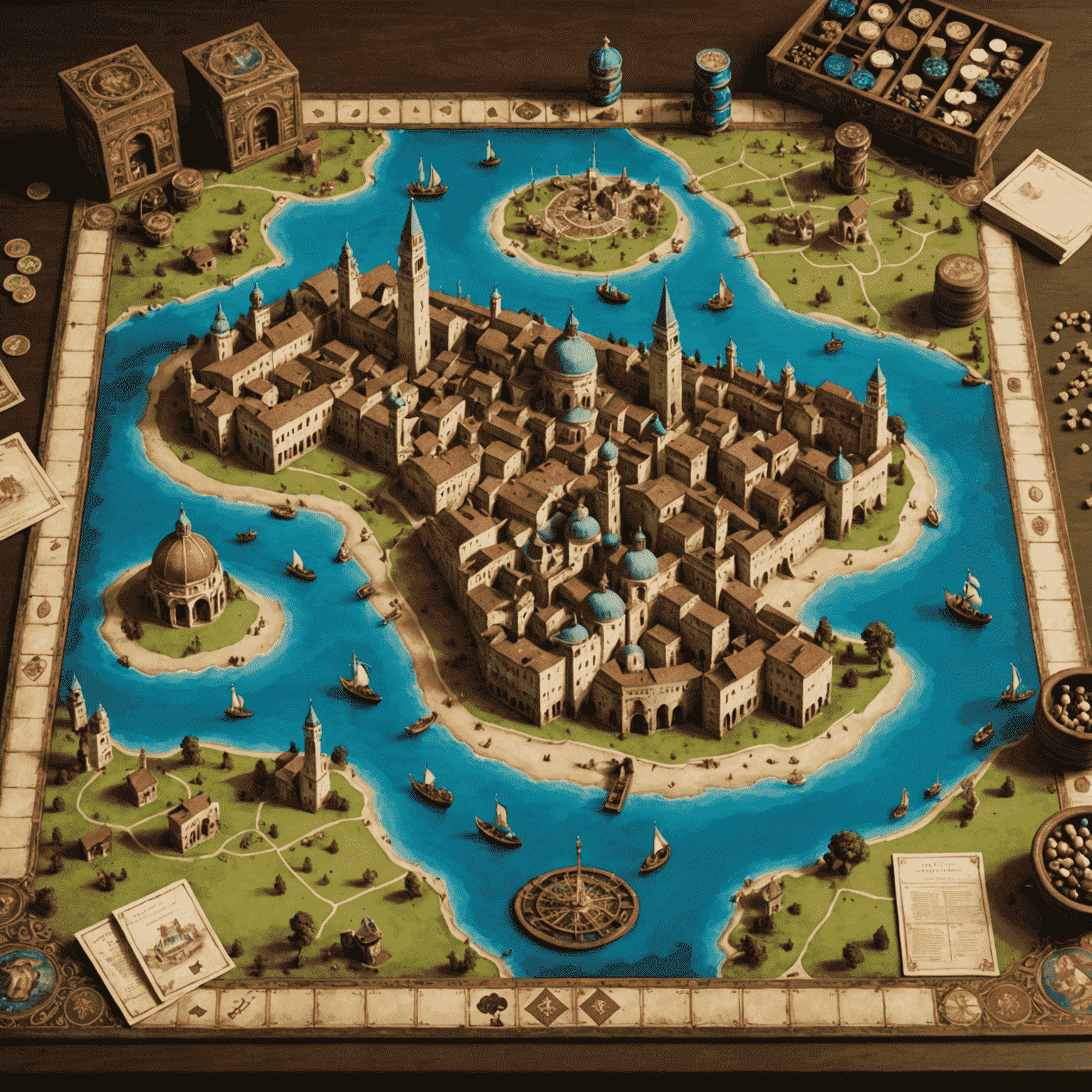 Merchant of Venice game setup with a beautifully illustrated board showing Renaissance-era Venice, trade routes, and ornate player pieces