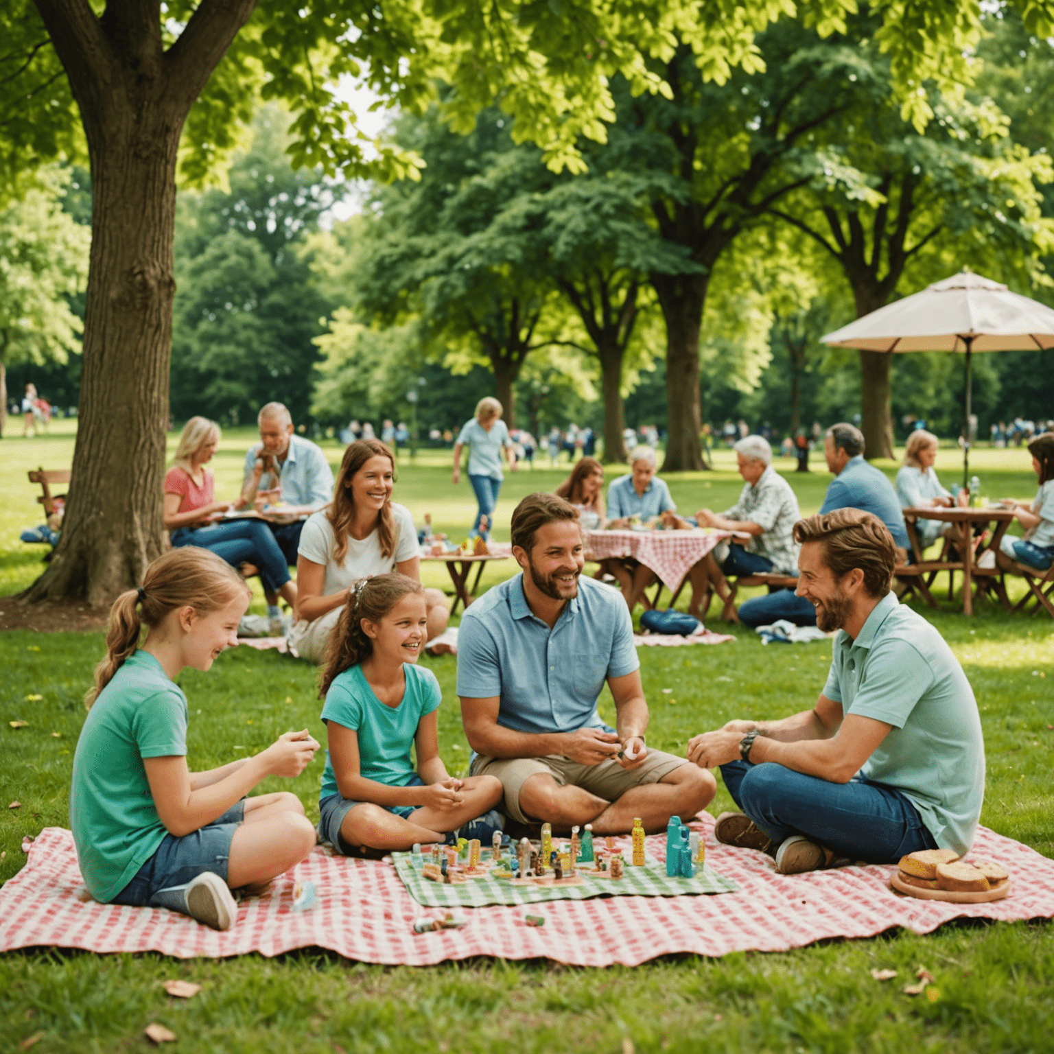A park scene with families sitting on picnic blankets, playing board games. Children and adults are laughing and enjoying themselves in a lush, green setting.