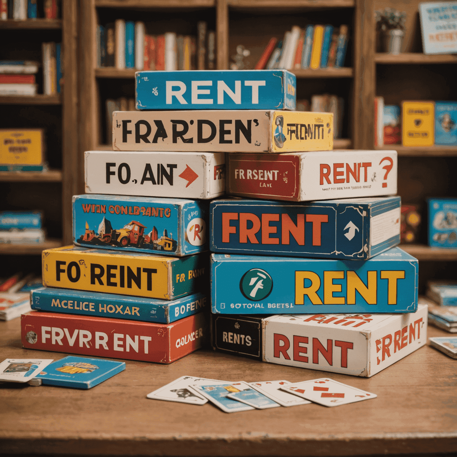 A stack of board game boxes with a 'For Rent' sign, showcasing various popular titles available for rental