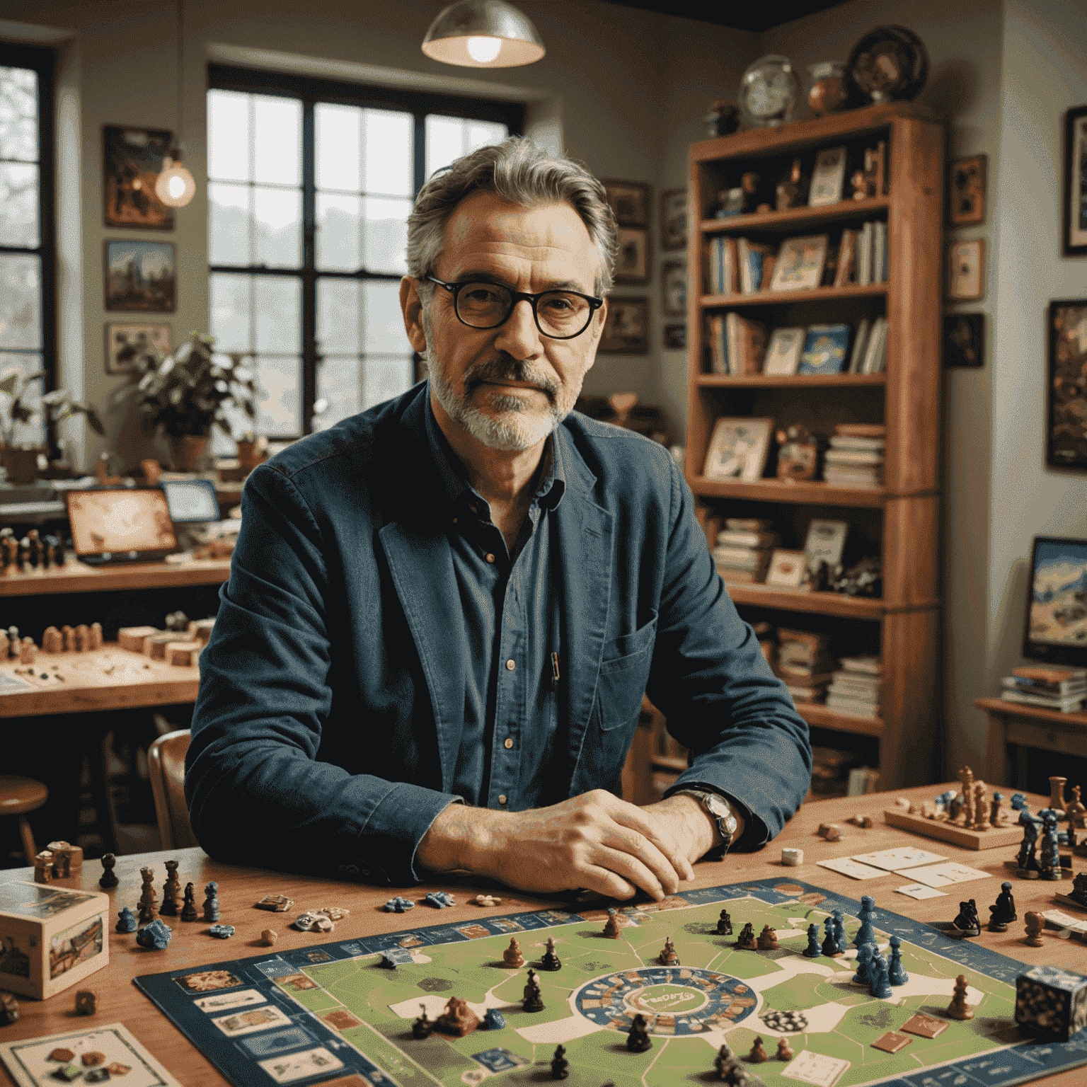 A portrait of a renowned board game designer in their studio, surrounded by game prototypes and Italian-inspired design elements