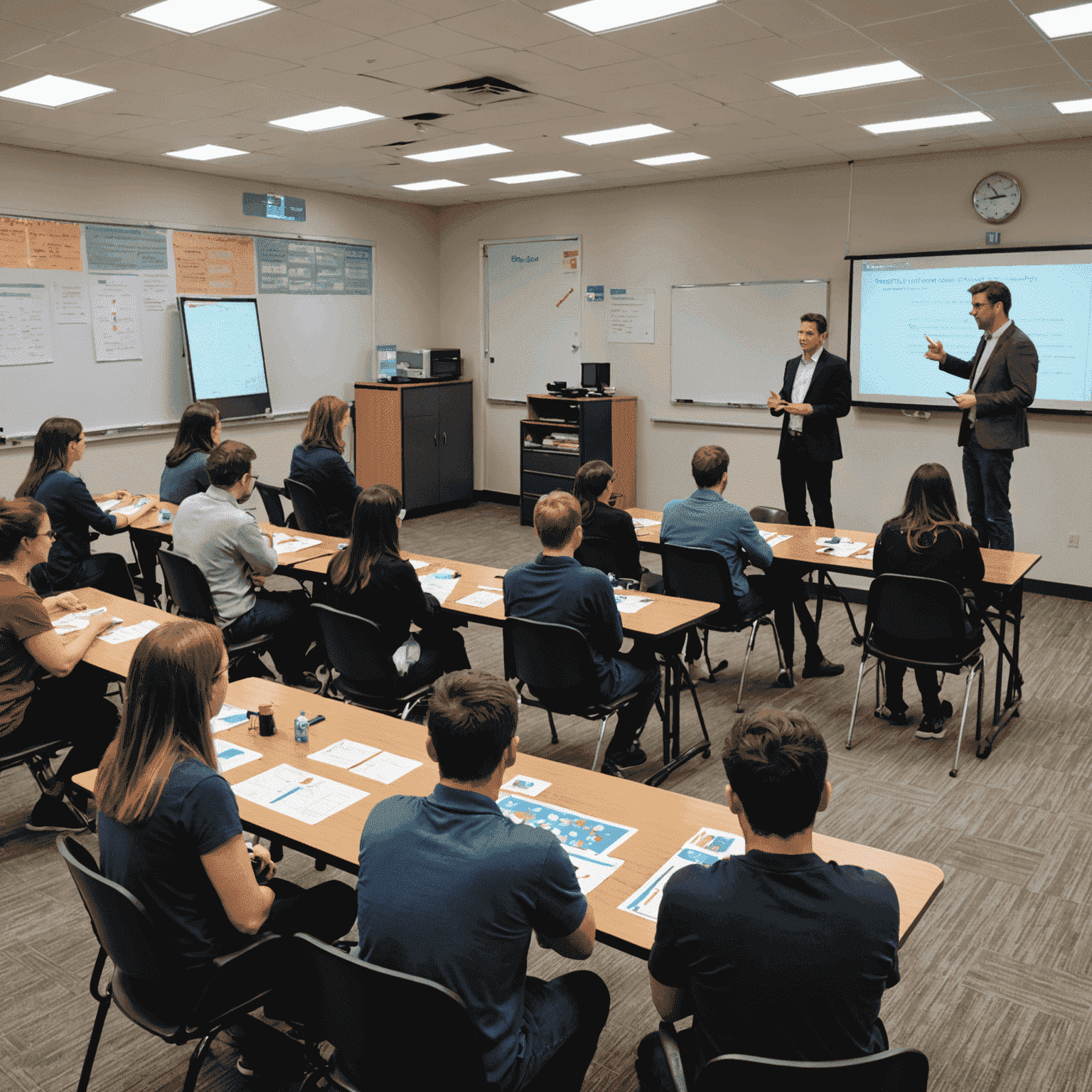 A classroom-style setup with a presenter explaining game strategies. Participants are seated at tables with complex strategy games laid out before them.