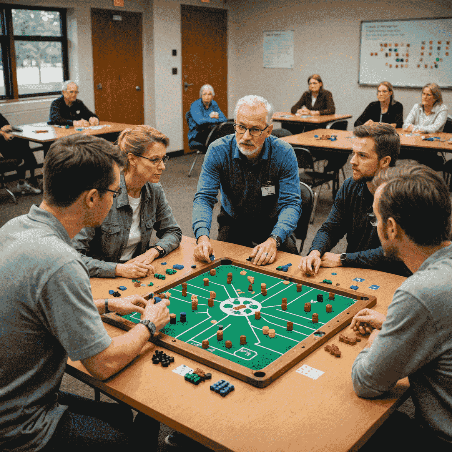 An instructor explaining game rules to a group of attentive participants, with game pieces and boards laid out on tables