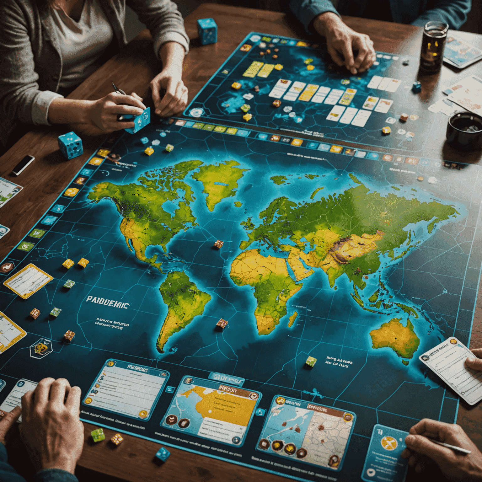 An atmospheric shot of 'Pandemic' being played, showing the global map, disease cubes, and player cards. The image conveys the tension and cooperation required in this collaborative game-saving experience.