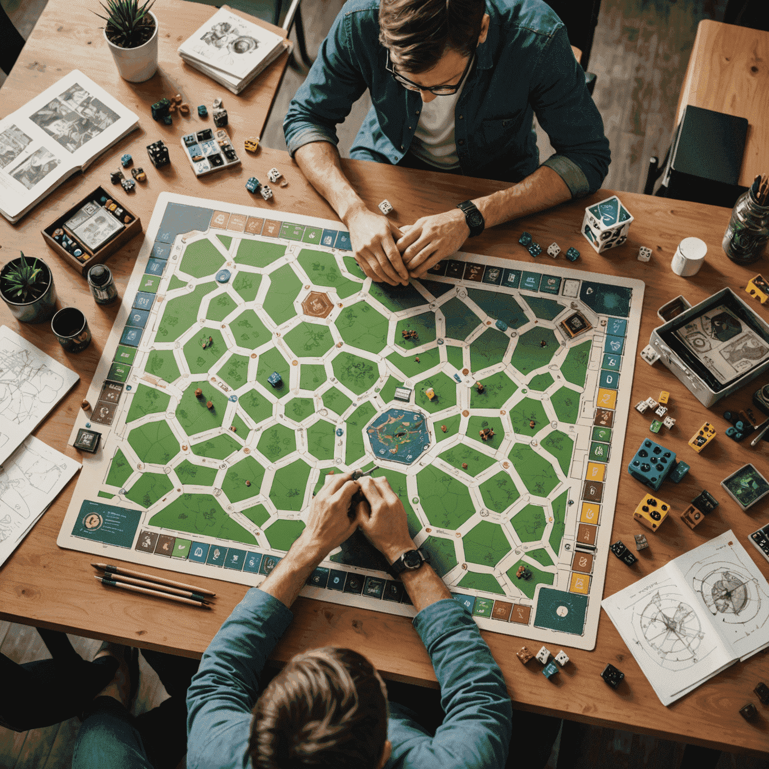 A designer working on a custom board game layout, surrounded by sketches, game pieces, and a computer with design software